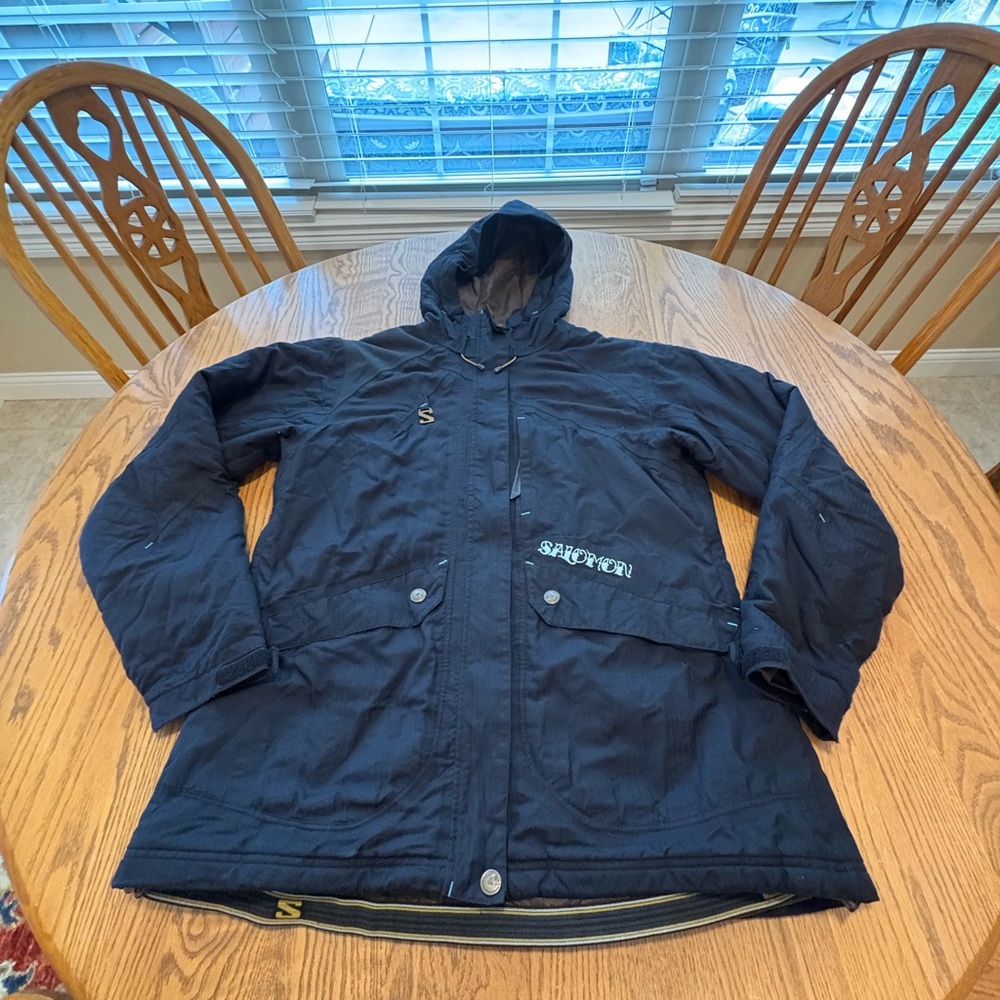 Salomon Women’s Black Hooded Ski Snowboarding Jacket XL Pockets Pit Vents